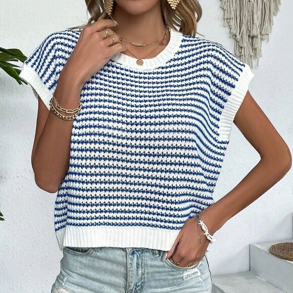 White Casual Women's Knit Mix Striped Round Neck Loose Knit Top - Picture 7 of 8